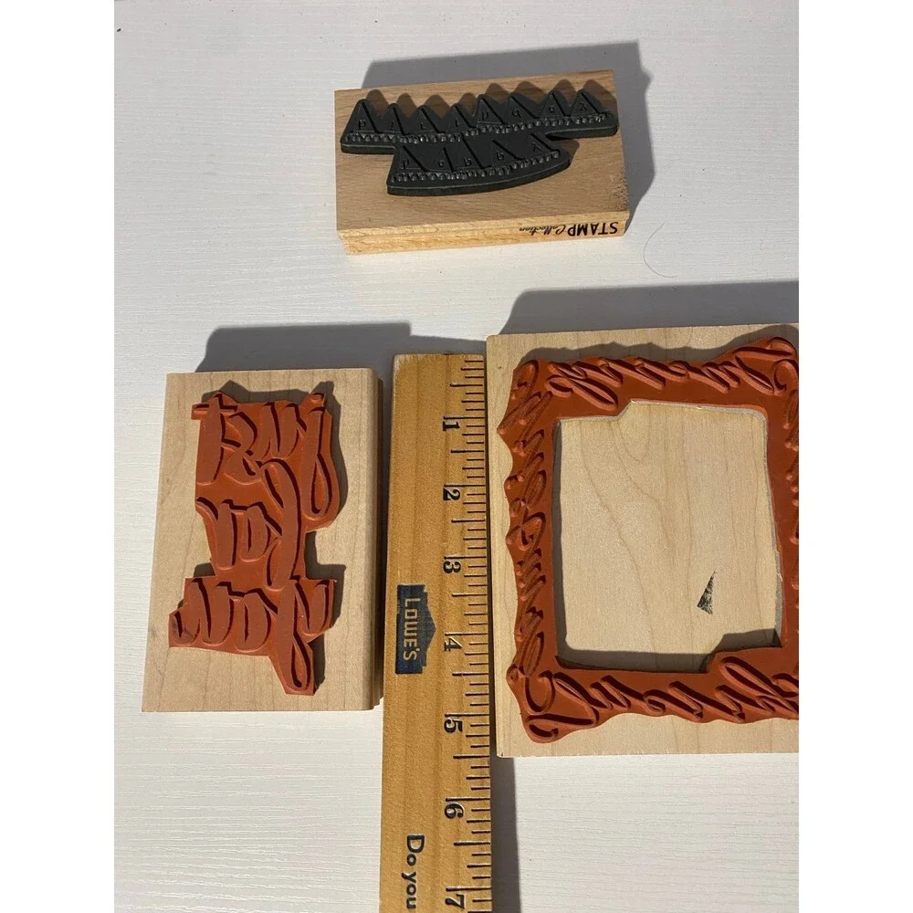 3pc Wood Rubber Stamp Lot DeNami Christmas Frame American Crafts Happy Birthday
